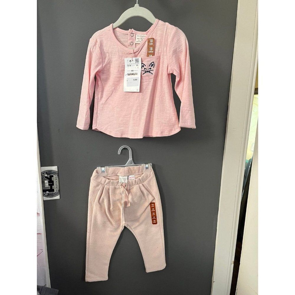 Zara baby girls size 12/18 months pink lot kitty cat shirt pink pants